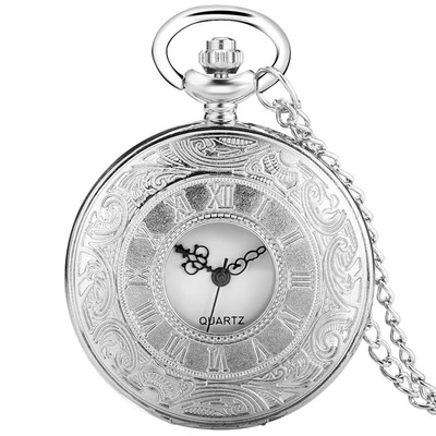 Silver Roman Numerals Quartz Pocket Watch Hollow Case Best Gifts for Men Women