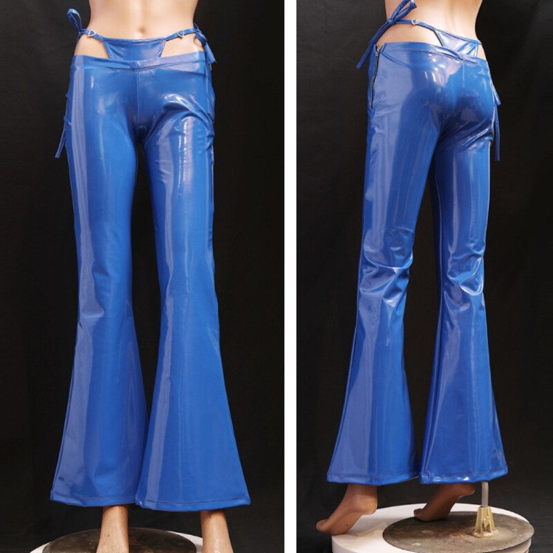 Women Faux Latex Trousers Pants Wet Look Bell Bottom Slim Low Waist Sexy