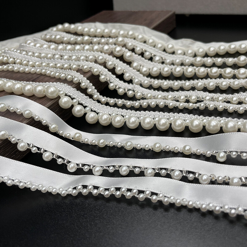 1 Meter Beads Faux Pearl Tassel Trims Ribbon Lace Edging for Sewing Dress Decors