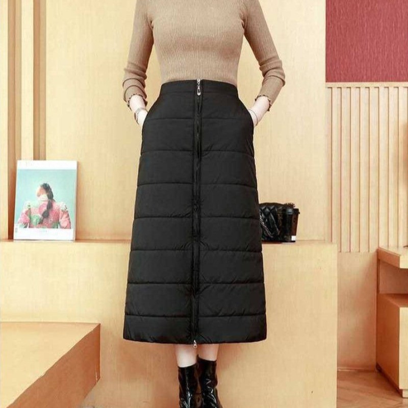 Winter Quilted Padded Skirt Women High-waist Thick Windproof Midi Warm Zip Black