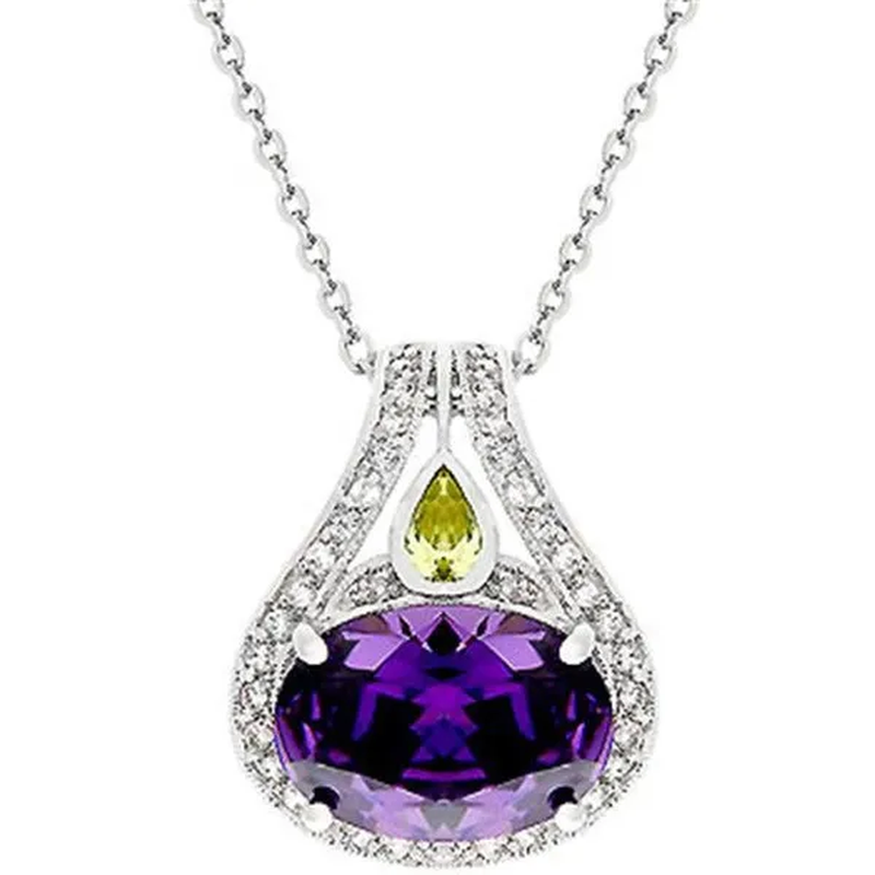 Kate Bissett P50049R-V01 Genuine Rhodium Plated Tear Drop Pendant with Faceted Amethyst CZ and Bezel Set Peridot CZ and Prong Set Clear CZ with Milligrain Finish in Silvertone