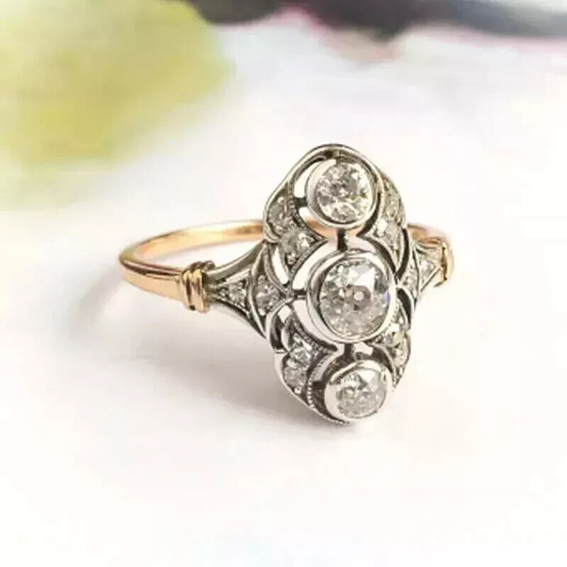 Art Deco Style Round Lab Created  Three-Stone 14K Gold FN Engagement Ring