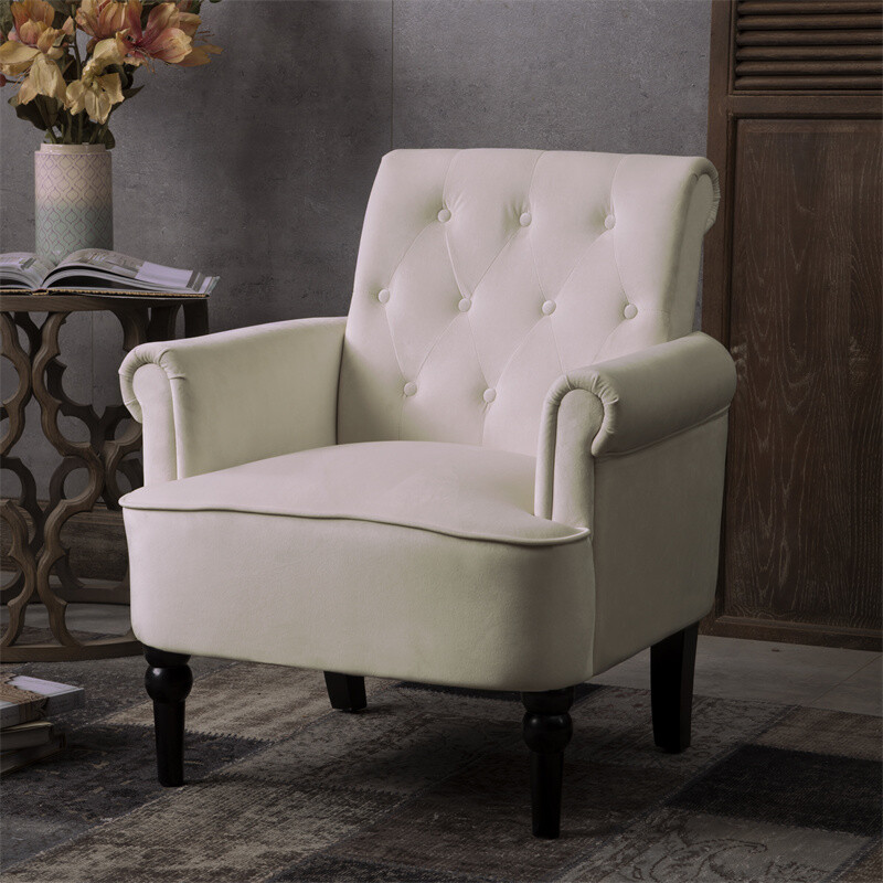 Elegant Button Tufted Club Accent Chair Roll Arm Armchairs with Wooden Legs