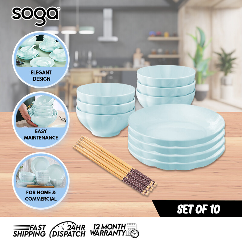 SOGA 10 Piece Ceramic Dinnerware Set Light Blue Japanese Style