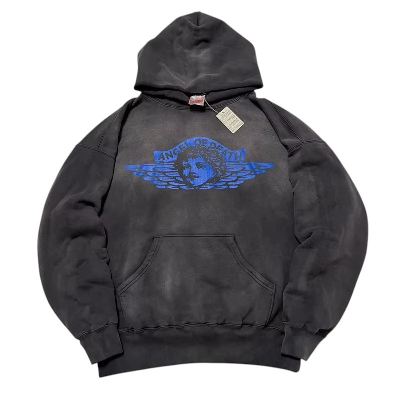 SAINT Mxxxxxx Angel Printed Cotton-Jersey Hoodie Black Cotton Men's Hooded Set
