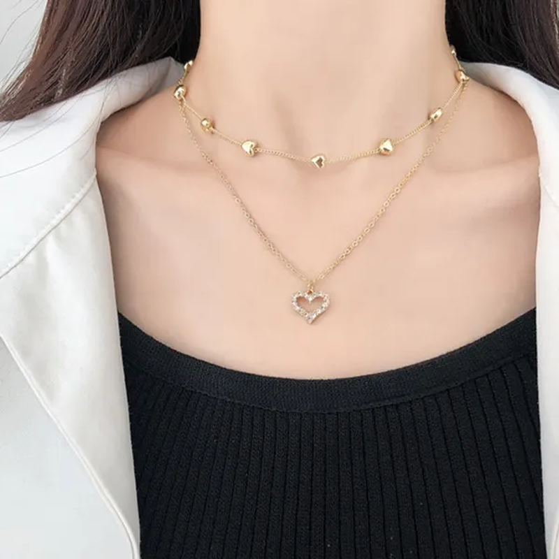 Ladies Necklace Fashion High-End Double Heart Diamond Chain