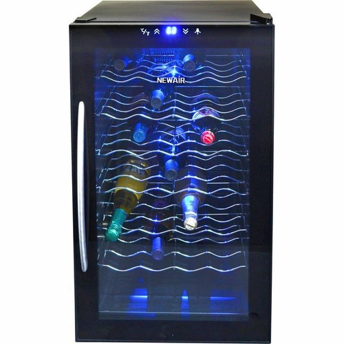 Blue Illuminated 28 Bottle Thermoelectric Wine Cooler, Black Refrigerator Cellar