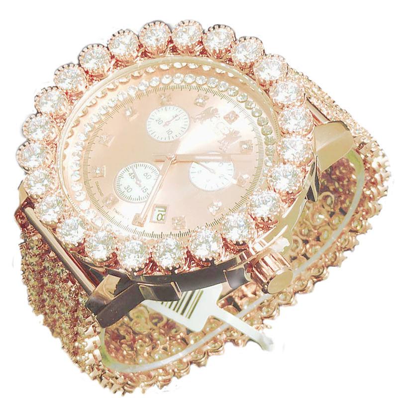 Pre-owned Ice House Genuine Diamond 18k Rose Gold 2 Tone Big Stone Bezel Custom Men  Watch