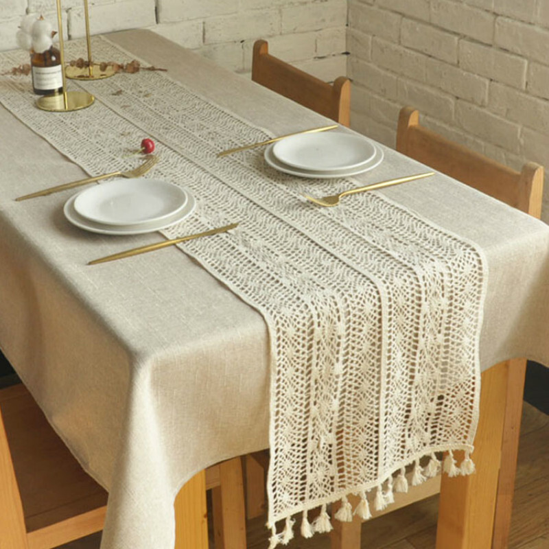 Retro Häkel Spitze Tischläufer Baumwolle Tischdecke Boho Quasten Hohl Aus Deckel