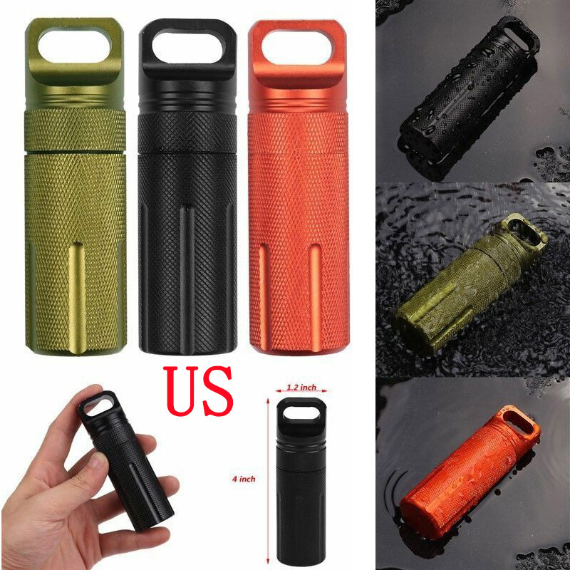 US EDC Waterproof Pill Case Capsule Seal Bottle Container Box Lid Keychain Hole