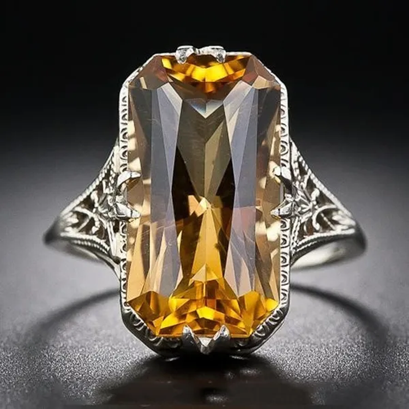 Vintage 925 Silver Ring Baguette Emerald Cut Lemon Yellow Citrine Retro Hollow CZ Jewelry Birthday Proposal Gift Antique Engagement Party Band Rings for Women Bride Size 6 - 10