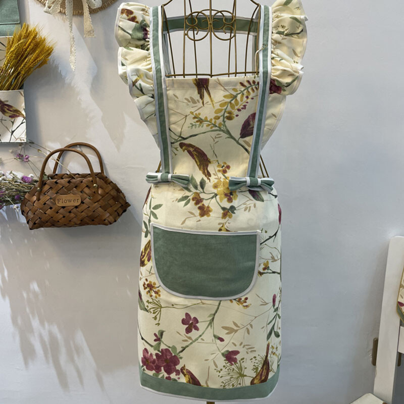 Tablier Femme Style Vintage Imprimé Floral Oiseaux Volants Uniforme De Cuisine