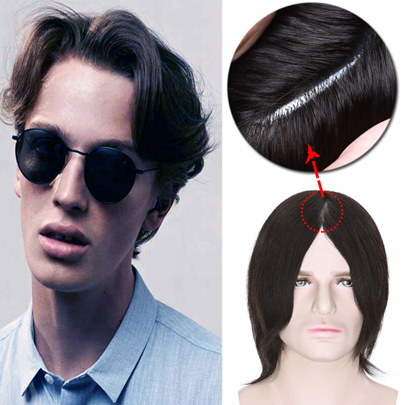 Remy Echthaar Toupet für Männer Haarteil Herrenperücke Poly Skin PU Dick Glatt
