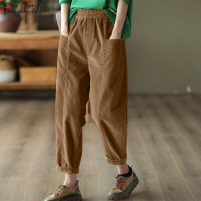 ZANZEA Women Elastic Waist Corduroy Long Pants Loose Harem Trousers Bottoms Plus