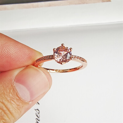 Authentic 925 Sterling Silver Rose Sparkling Crown Solitaire Ring All Size