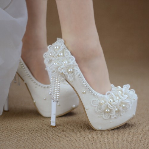 Bridal Ladies Wedding Pumps High Stilettos Heels Lace Beads Party
