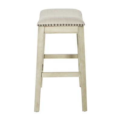 Pemberly Row Saddle Stool Beige Fabric & Antique White Base & Nailheads 2 Pack