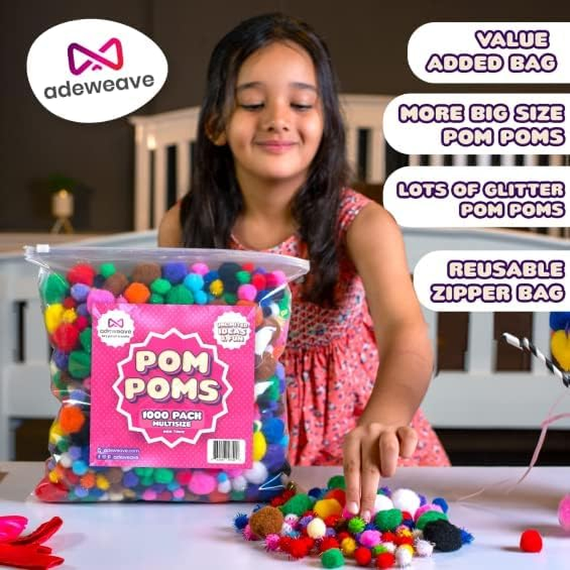 1000 Assorted Craft pom poms – Multicolor bulk pom poms Arts and Crafts, Pompoms