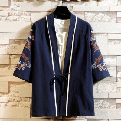Men Embroidery Half Sleeve Kimono Jacket Top Yukata Japanese Haori Outwear Retro