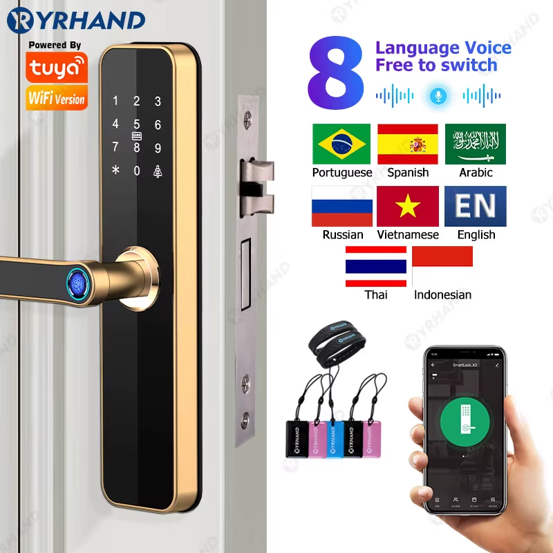 Gold Biometric Intelligent Door Lock TUYA WIFI Remote Unlock Fingerprint Card Pa