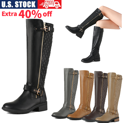 Womens Low Heel Zipper Knee High Riding Boots (Wide-Calf) Winter Snow Boot Shoes