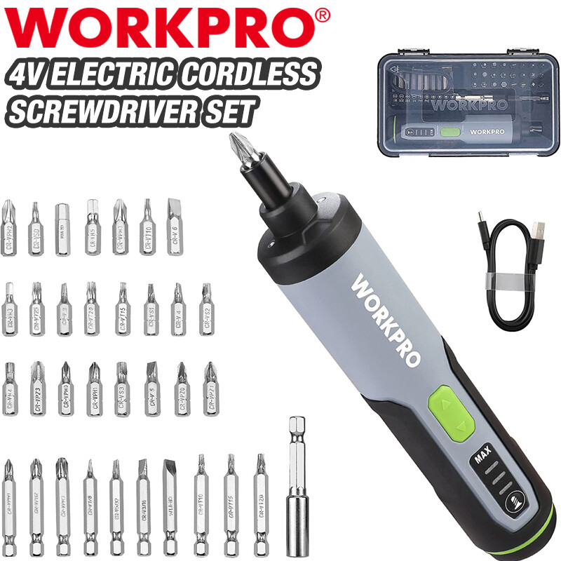 WORKPRO 4V Rechargeable Cordless Electric Screwdriver Sets Extension Rod 35 Bits