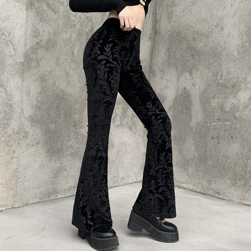 Lady Floral Velvet Bell Bottoms Flare Pants Trousers Black