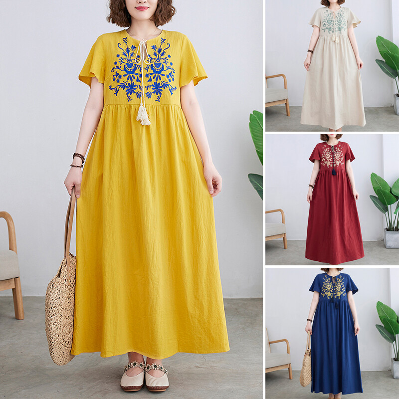 Femme Manche Courte Brodé Floral Plissé Maxi A-Line Robe de Cocktail Vintage
