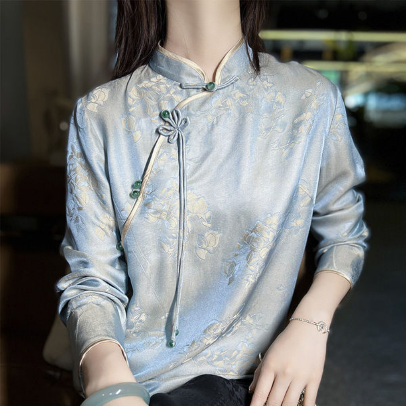 Damen Glänzend Seidig Hemd Satin Top Chinesisch Tang Bluse Frosch Knopf Mode