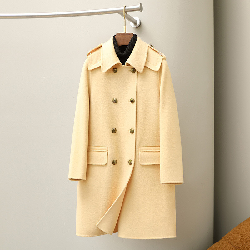 ジャケット・アウター Vintage Double Breasted Wool Long Coat Retro Womens Double Breasted Button Mid Long Trench Coat 100