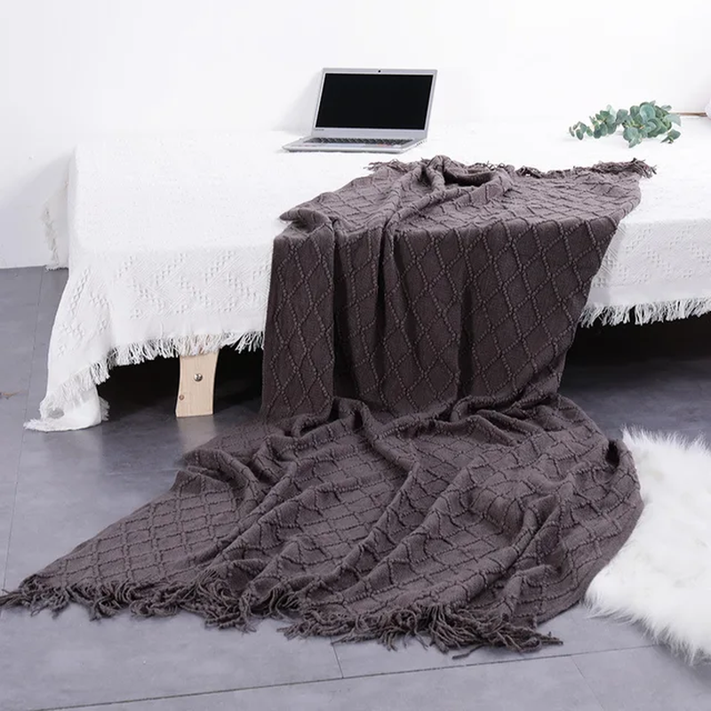 Tassel Knitted Woven Blankets Throw Yellow Light Blue Beige Khaki Cream Color So