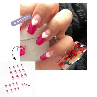 Fake Nails Sweet Long Square Raspberry Gradient Heart Full Press On Nails Decor