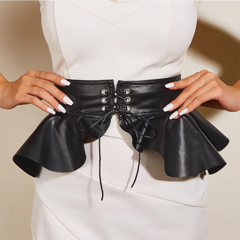 Donna Similpelle Cintura Vita Larga Cintura Corsetto Camicia Decorazione Nero