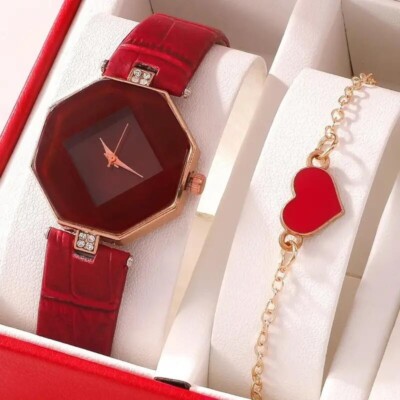 2pcs Red Fashion Rhinestone Decor Polygon Dial Quartz Watch & Love Heart Gift