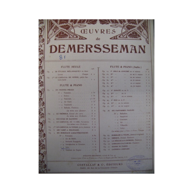 Demersseman Jules Solo Op. 9 Flute Piano