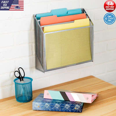 3-Compartment Steel Mesh Desk Organizer Vertical Paper Sorter Wall Mounted New