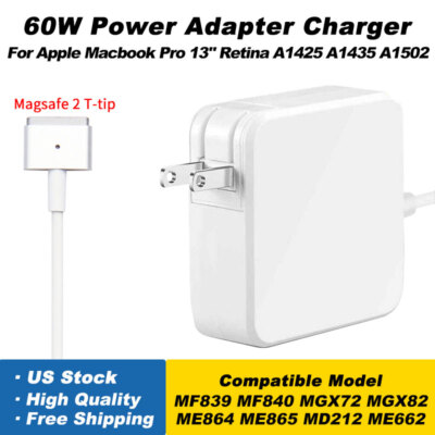 60W T-tip Magsafe 2 AC Power Adapter Charger For Apple MacBook Pro 13'' 2012-2015