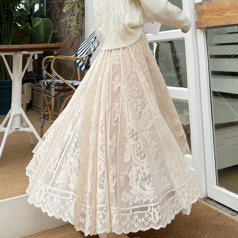 スカート flower lace skirt (white) Lady Lace Floral Skirt Long Maxi Skirts Casual Summer
