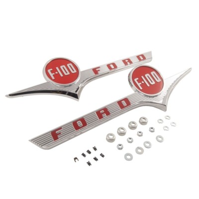 Hood Side Emblem ''Ford F-100'' Chrome with Red 1956 Ford Truck B6C-16720-PR