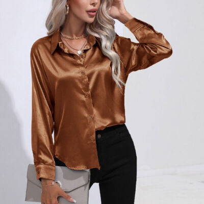 Womens Satin Silk Solid Shirt Ladies Casual Baggy Button-up OL Work Blouse Tops