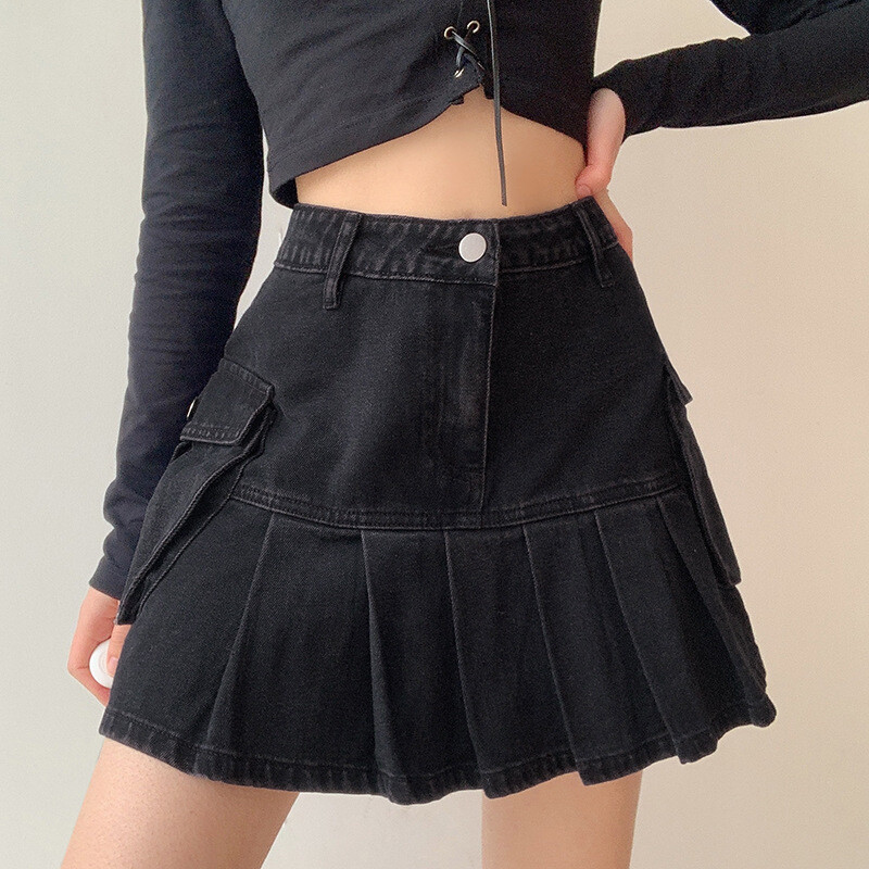 Lady Denim Pleated Skirt Punk Gothic Pocket High Waist A Line Short Harajuku