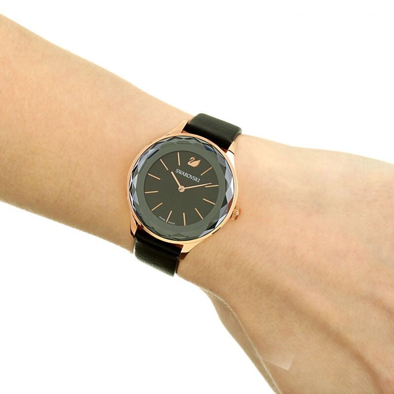 Pre-owned Swarovski 5295358 Octea Nova Black Dial Leather Women's Watch