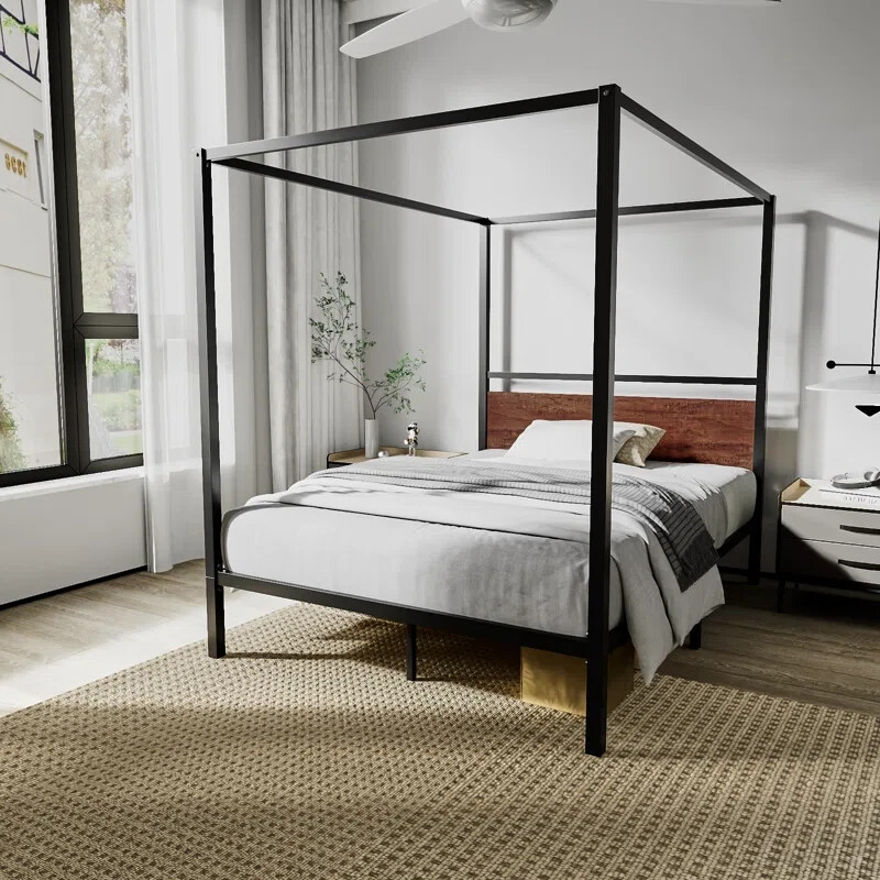 Modern Full Size Canopy Bed Sturdy Wood Headboard Noise-Free Easy Assembly