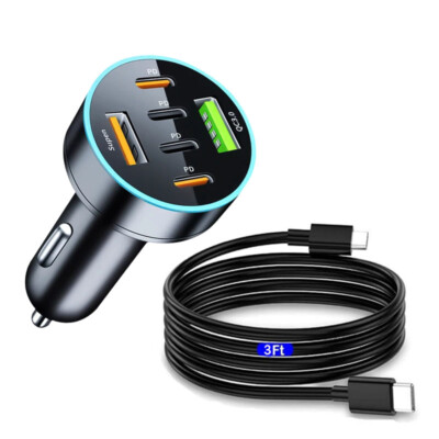 65W 6-Port USB-C Fast Car Charger Type-C Cable For Samsung S24 S23 S22 S21 Ultra