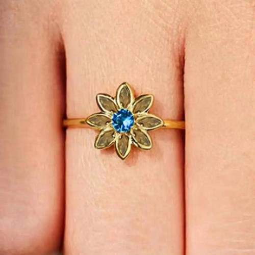 Goldfarbener Blütenförmiger Damenring Blau CZ Messing Ring Größe 6-10