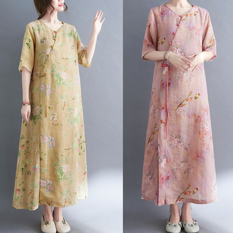 Women Chinese Ethnic Floral Dress Loose Midi Frog Button Half Sleeve Casual