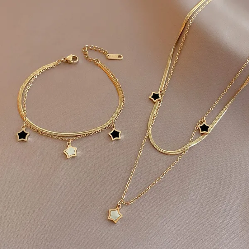 Double Layer Enamel Star Pendant Necklace for Women Bracelet 2021 Trendy Party Fashion Jewelry