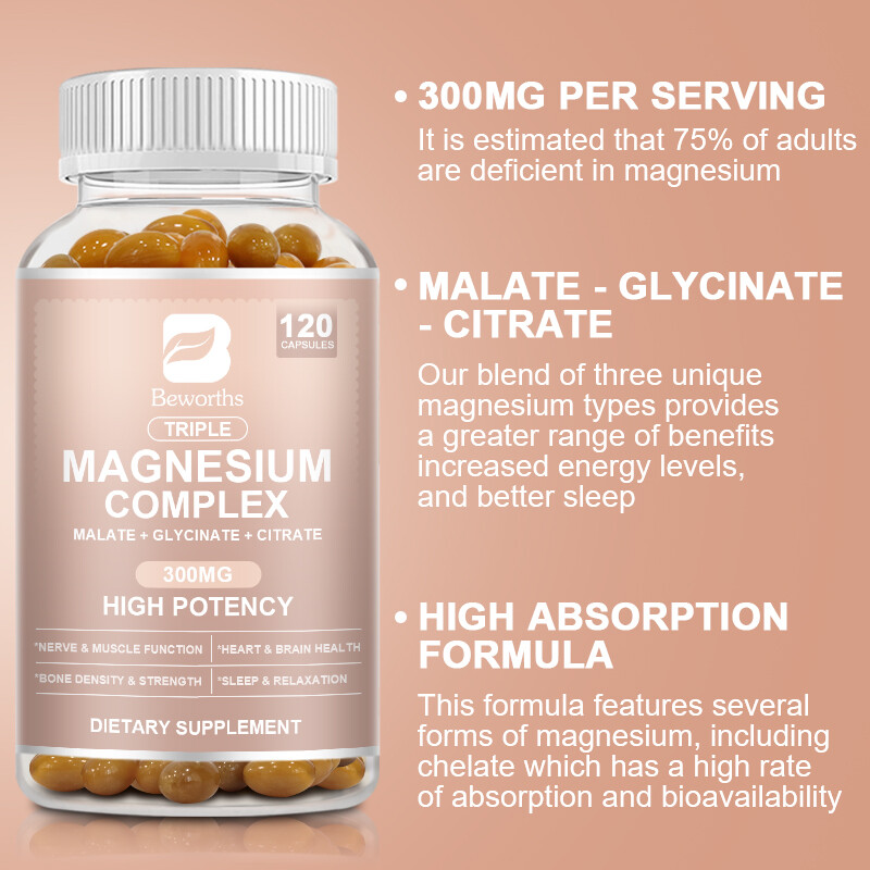 120 Capsules Triple Magnesium Complex, 300mg of Magnesium Glycinate Malate