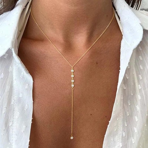 Damen Halskette Y-Form Kristall Zirkonia Anhänger Quasten Lange Kette Choker