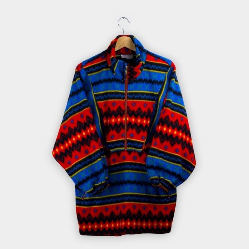 Vintage Aztec Fleece Pullover Red Blue Logo Mens L Large 90's